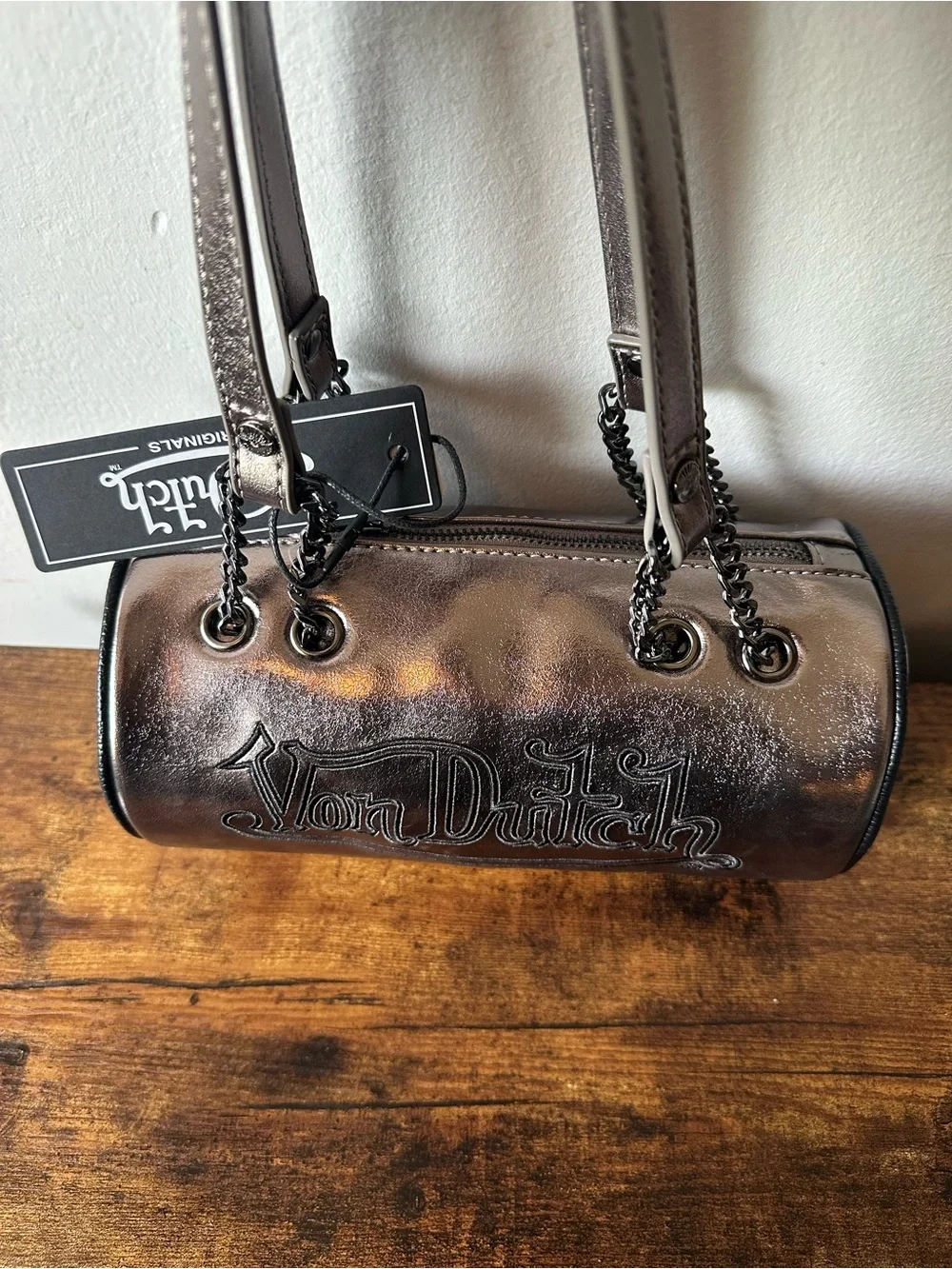 Von Dutch Metallic Barrel Shoulder Bag with Black Embroidered Logo, Chain NWT